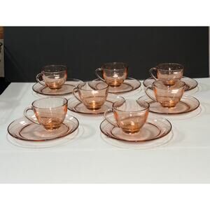 Set of 7 Kedaung Group Indonesia Tea Cup & Pie Plate Set- Pink Depression Glass